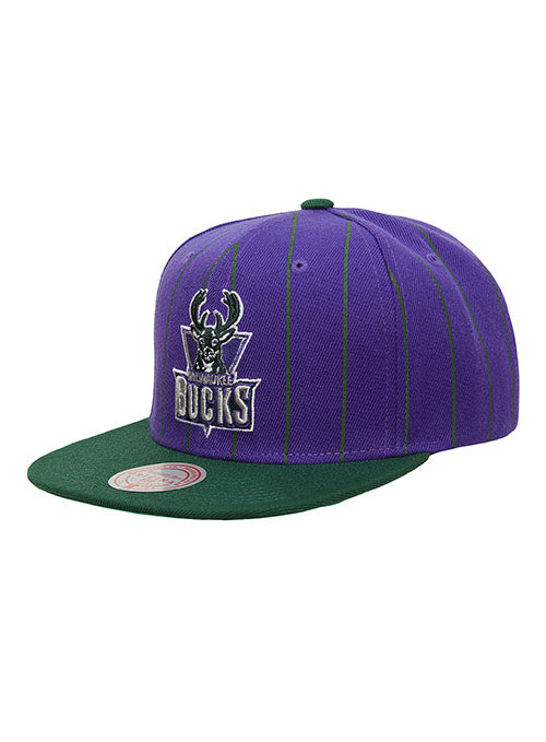 Mitchell & Ness HWC '93 Pinstripe Milwaukee Bucks Snapback Hat in Purple and Green - Angled Left Side View