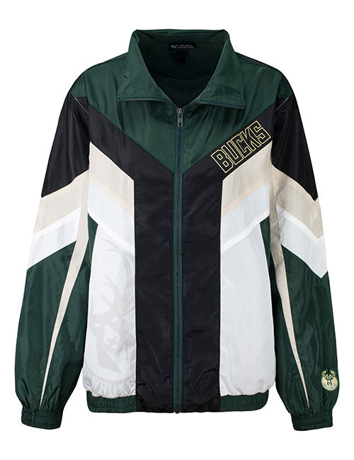 The Wild Collective Tie Blocked Milwaukee Bucks Track Jacket In Green, Black & White - Front View