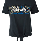 Women's The Wild Collective Twist Tie Block Letter Milwaukee Bucks T-Shirt In Black - Front View