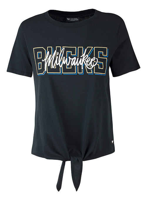Women's The Wild Collective Twist Tie Block Letter Milwaukee Bucks T-Shirt In Black - Front View