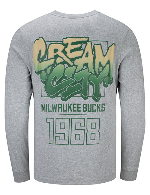 The Wild Collective Cream City Puff Print Milwaukee Bucks Long Sleeve T-Shirt In Grey & Green - Back View