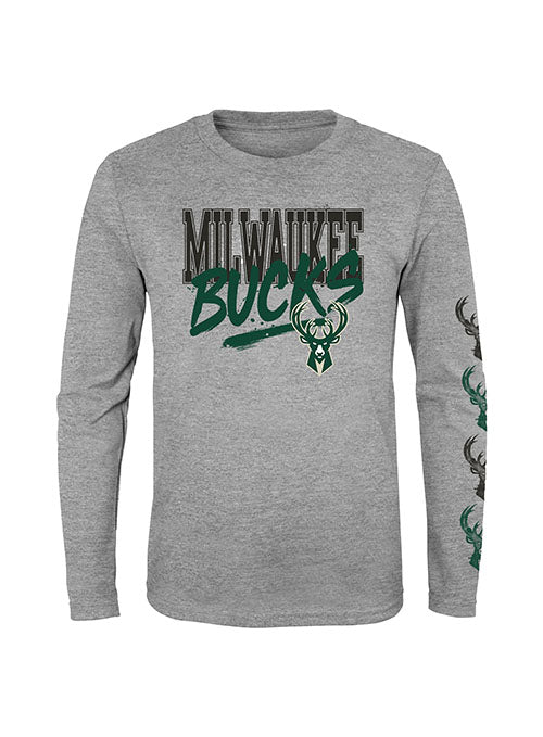 Juvenile Outerstuff Get Busy Milwaukee Bucks Long Sleeve T-Shirt in Grey - Front View