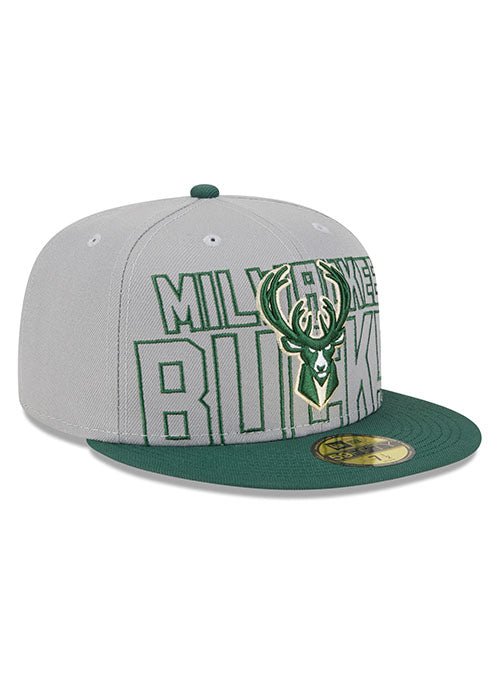 New Era Draft 2023 Grey 59FIfty Milwaukee Bucks Fitted Hat- in Grey and Green - Angled Right Side View