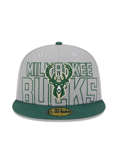 New Era Draft 2023 Grey 59FIfty Milwaukee Bucks Fitted Hat- in Grey and Green - Front View