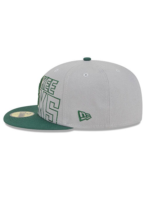 New Era Draft 2023 Grey 59FIfty Milwaukee Bucks Fitted Hat- in Grey and Green - Left Side View