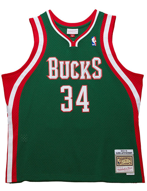 Mitchell & Ness HWC '13 Giannis Antetokounmpo Milwaukee Bucks Swingman jersey In Green, Red & White - Front View