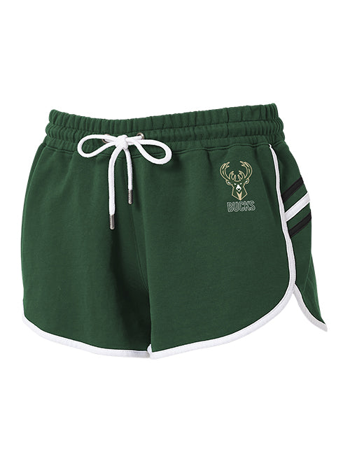 Women's Wear By Erin Andrews Terry Dolphin Hem Green Milwaukee Bucks Shorts-front 