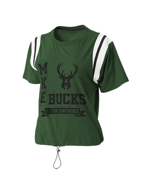 Women's Wear By Erin Andrews Green Milwaukee Bucks Cinched T-Shirt- front 