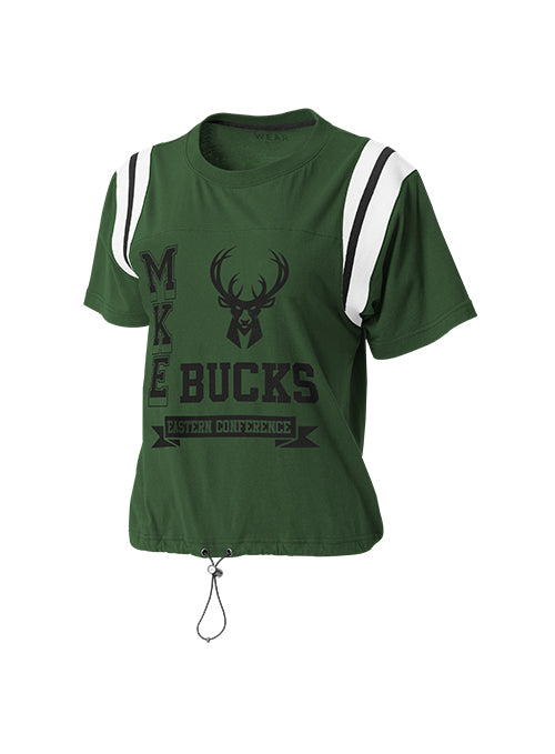 Women's Wear By Erin Andrews Green Milwaukee Bucks Cinched T-Shirt- front 