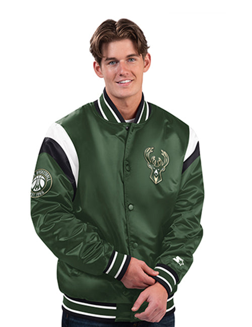 Starter Shutout Green Milwaukee Bucks Satin Varsity Jacket-front