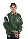 Starter Shutout Green Milwaukee Bucks Satin Varsity Jacket-front