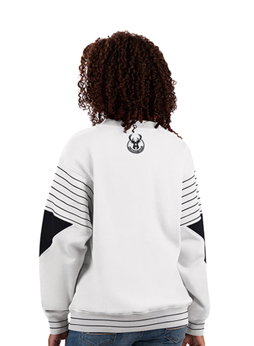 Women's Starter On The Ball White Milwaukee Bucks Crewneck Sweatshirt-back