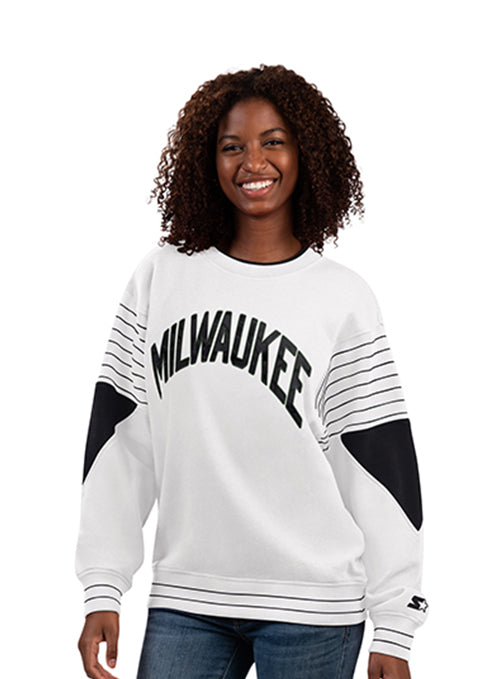 Women's Starter On The Ball White Milwaukee Bucks Crewneck Sweatshirt-front