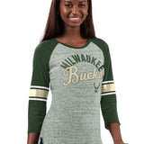 Women's G-III Recover Green Milwaukee Bucks 3/4 Sleeve T-Shirt-front 