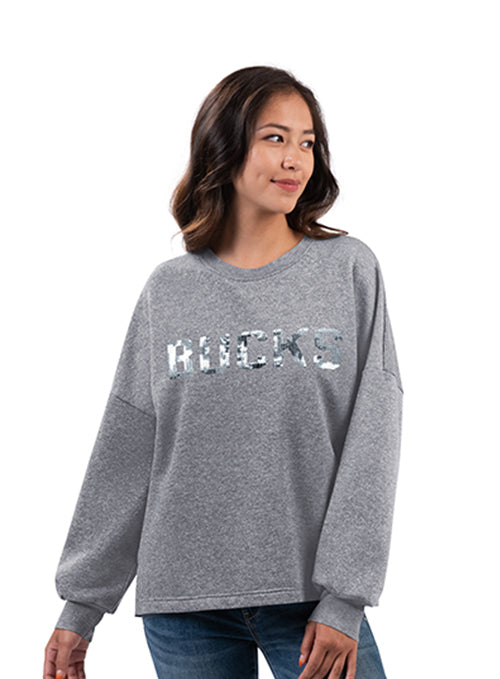 Women's G-III Shining Sequins Grey Milwaukee Bucks Crewneck Sweatshirt-front