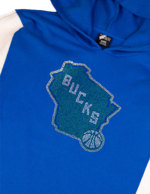 Women's G-III Gameplan Rhinestone Blue Milwaukee Bucks Hooded Sweatshirt-close up