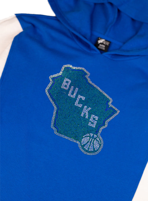 Women's G-III Gameplan Rhinestone Blue Milwaukee Bucks Hooded Sweatshirt-close up