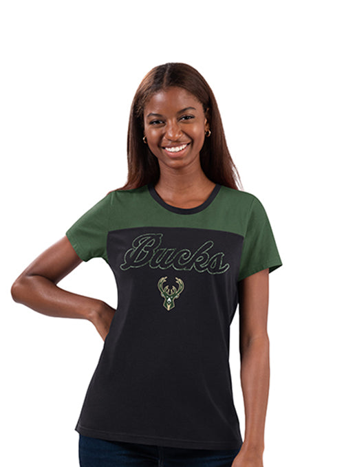 Women's G-III Cheer Glitter Milwaukee Bucks T-Shirt-front