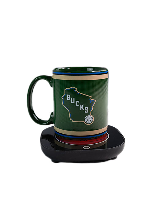 Uncanny Brands Global State Milwaukee Bucks Mug & Warmer- mug on warmer