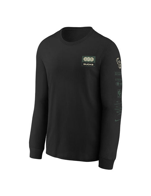 Youth Nike Essential Fade Milwaukee Bucks Long Sleeve T-Shirt in Black - Front View 