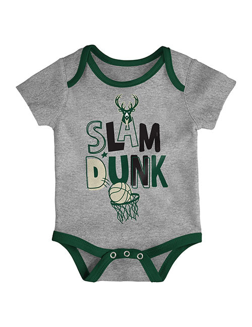 Newborn Outerstuff Slam Dunk Milwaukee Bucks 3-Piece Creeper Set - Grey Onesie Front View