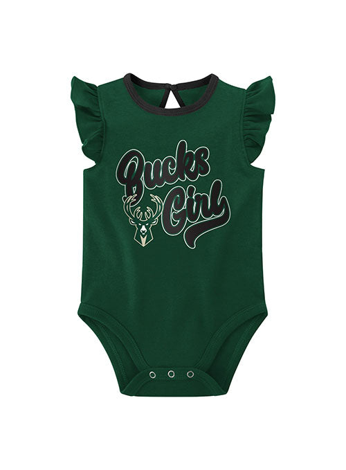 Newborn Girl's Outerstuff Double Team Milwaukee Bucks 2-Piece Onesie Set - Green Onesie Front View