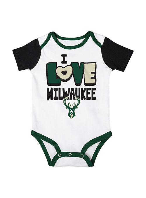 Newborn Girl's Love & Basketball Milwaukee Bucks 3 Piece Set - Onesie Front View
