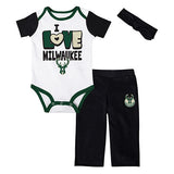 Newborn Girl's Love & Basketball Milwaukee Bucks 3 Piece Set - Full Set Front View