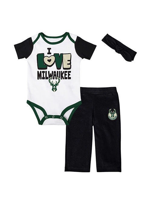 Newborn Girl's Love & Basketball Milwaukee Bucks 3 Piece Set - Full Set Front View