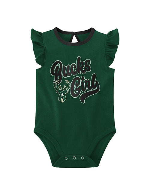 Infant Girls Double Team Milwaukee Bucks 2-Piece Onesie Set - Green Onesie Front View