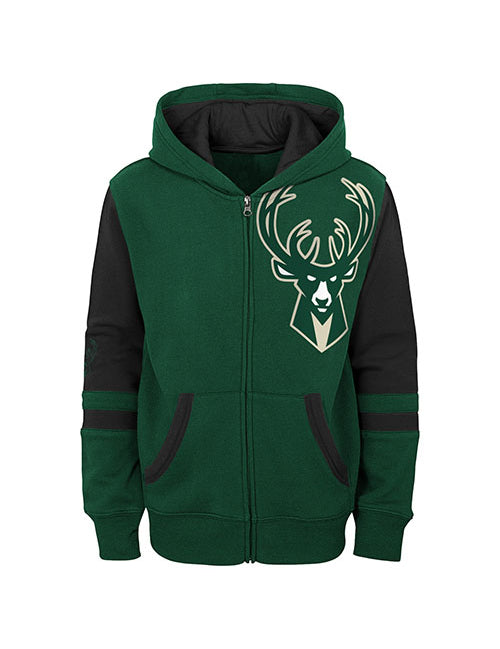 Juvenile Outerstuff To The League Milwaukee Bucks Full-Zip Hooded Sweatshirt in Green and Black - Front View