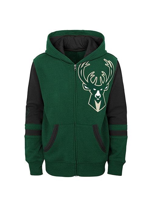 Juvenile Outerstuff To The League Milwaukee Bucks Full-Zip Hooded Sweatshirt in Green and Black - Front View