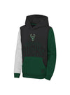 Youth Outerstuff Rim Shot Milwaukee Bucks Hooded Sweatshirt in Green, Black, and White - Front View