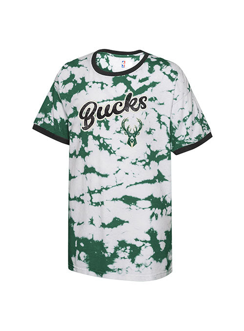 Youth Girls Outerstuff Post Bleached Wash Milwaukee Bucks T-Shirt in Green and White - Front View