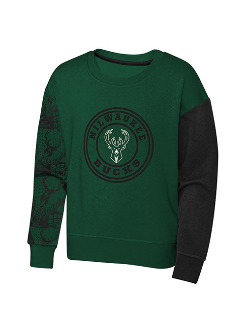 Youth Girls Outerstuff Trifecta Milwaukee Bucks Crewneck Sweatshirt in Green and Black - Front View