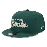 New Era Script 9Fifty Green Milwaukee Bucks Snapback Hat - Angled Left Side View