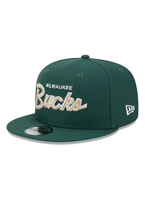 New Era Script 9Fifty Green Milwaukee Bucks Snapback Hat - Angled Left Side View