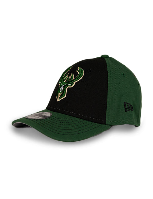 Youth New Era 39Thirty 2TOne Icon Milwaukee Bucks Flex Fit Hat- angled left 