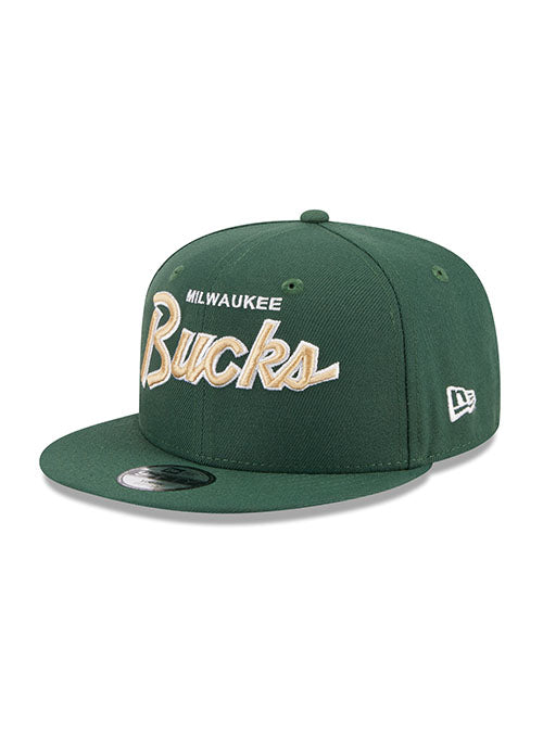 Youth New Era Script 9FIfty Milwaukee Bucks Snapback Hat in Green - Angled Left Side View