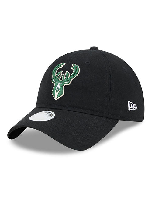 Women's New Era 9Twenty Icon Milwaukee Bucks Adjustable Hat in Black - Angled Left Side View