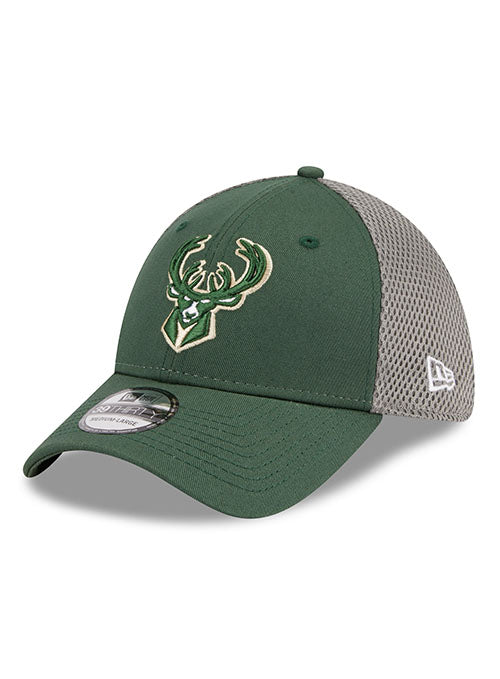 New Era Neo Icon 39Thirty Milwaukee Bucks Flex Fit Hat in Green and Grey - Angled Left Side View