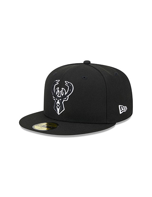 New Era Tonal Conference Patch 59FIfty Milwaukee Bucks Fitted Hat in Black - Angled Left Side View