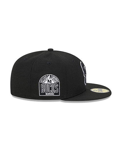 New Era Tonal Conference Patch 59FIfty Milwaukee Bucks Fitted Hat in Black - Right Side View