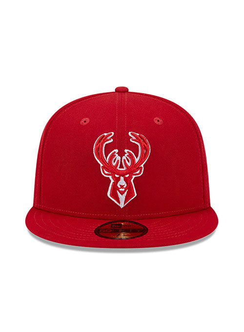 New Era Tonal Conference Patch 59Fifty Milwaukee Bucks Fitted Hat in Red - Front View
