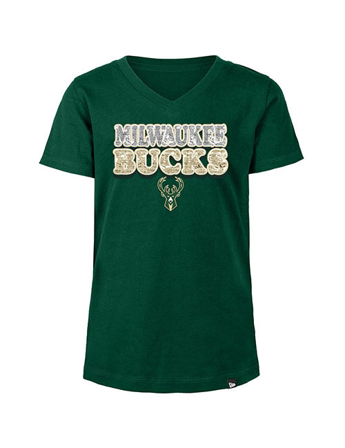 Youth Girls New Era Sparkle Green Milwaukee Bucks V-Neck T-Shirt - Front View