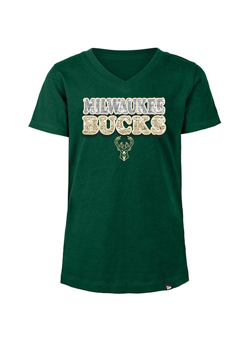 Youth Girls New Era Sparkle Green Milwaukee Bucks V-Neck T-Shirt - Front View