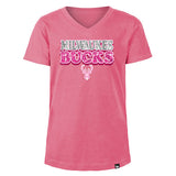 Youth Girls New Era Sparkle Pink Milwaukee Bucks V-Neck T-Shirt - Front View