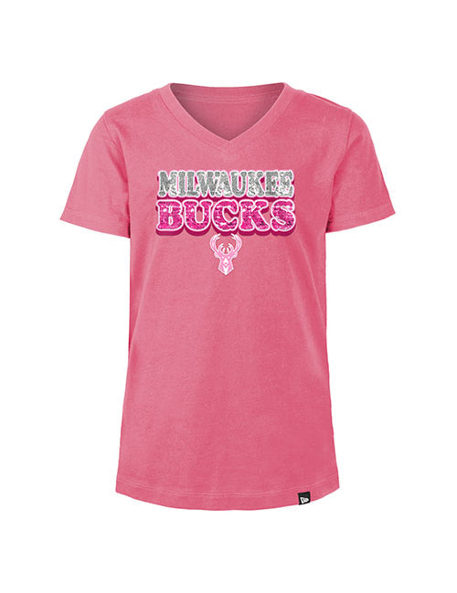 Youth Girls New Era Sparkle Pink Milwaukee Bucks V-Neck T-Shirt - Front View