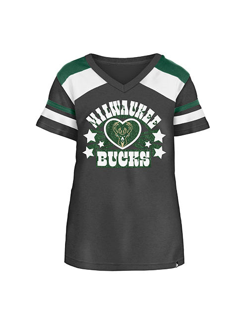 Youth Girls New Era Heart Black Milwaukee Bucks V-Neck T-Shirt - Front View