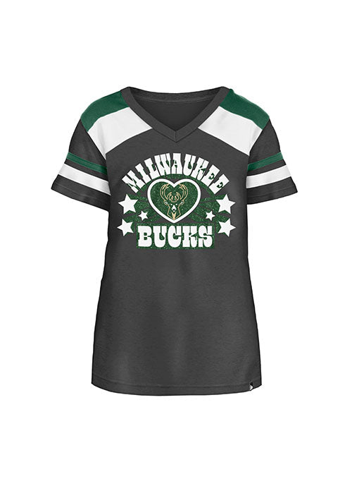 Youth Girls New Era Heart Black Milwaukee Bucks V-Neck T-Shirt - Front View
